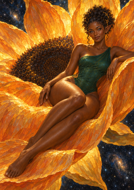 Dark-skinned pointed-eared woman in green reclining across enormous orange-gold flower petals against a starry sky.