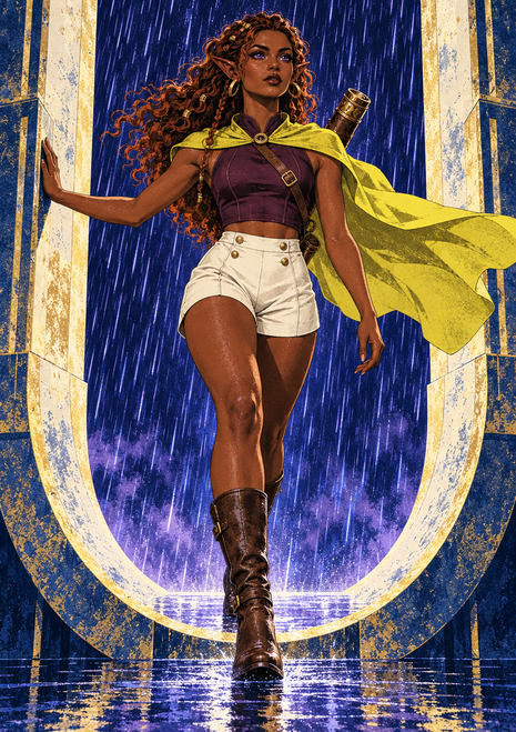 Red-haired elf-like woman in a yellow cape steps through a rain-streaked stone arch above reflective water.