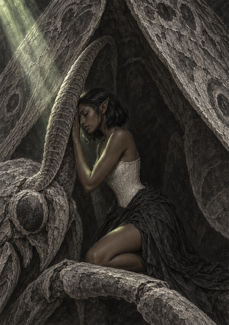 Dark-haired pointed-eared woman kneeling among massive weathered stone forms in a dim enclosed setting.