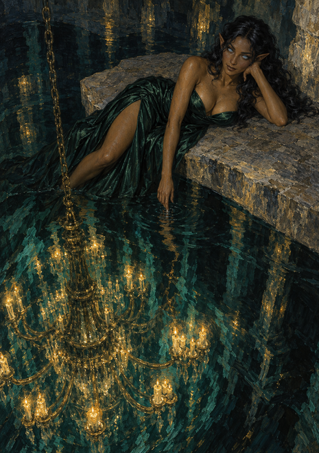 Pointed-eared woman in a green dress rests on a stone ledge above a candlelit chandelier beneath dark reflective water.