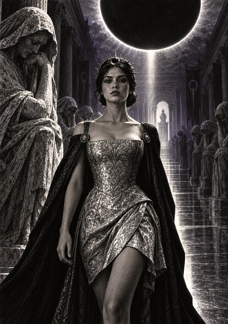 Woman in an ornate silver-patterned dress and dark cape stands beneath a black eclipse in a hall lined with hooded stone figures.