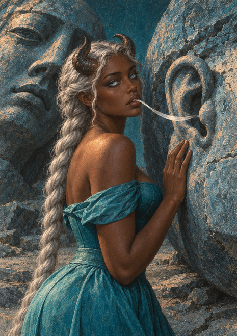 Horned woman with silver braids and teal gown touches an ear-shaped stone formation beside a massive carved face.