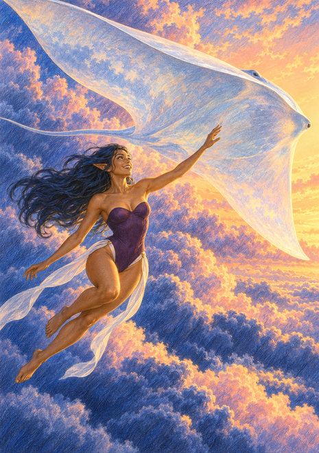 Purple-clad woman flying through sunset clouds and reaching toward a huge pale manta-shaped creature.