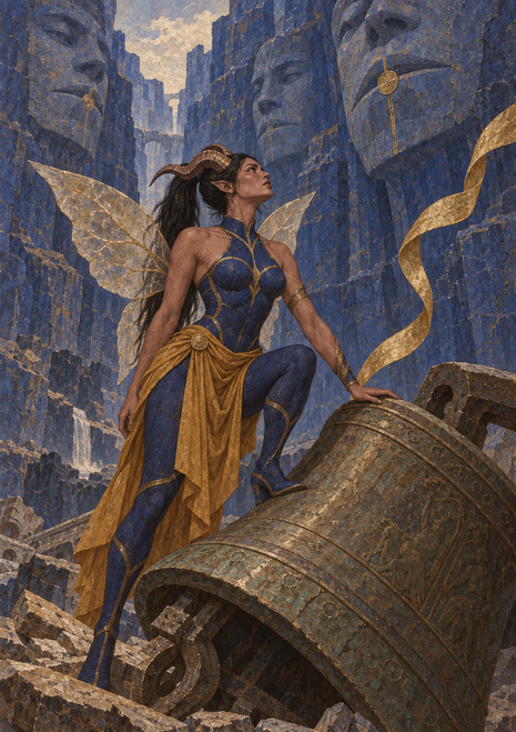 Horned, winged woman in blue and gold crouching on a weathered stone structure between enormous carved canyon faces.