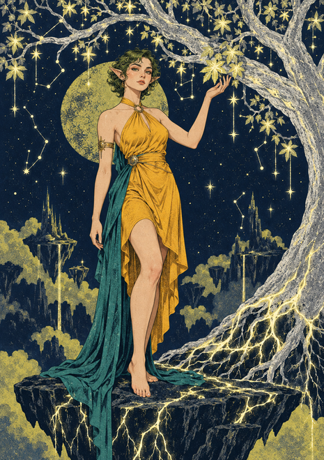 Pointed-ear woman in a gold dress and teal drape beneath a pale starry tree, with constellations and floating rocky landforms.