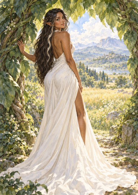 Pointed-eared woman in a flowing white gown looks back beneath a leafy arch framing a sunlit meadow, distant hills, and scattered trees.