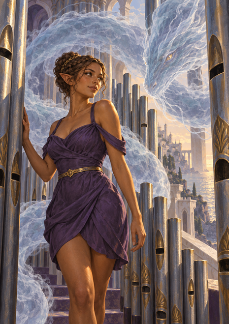 A pointed-eared woman in a purple dress stands among metallic pipes as a huge translucent water serpent curls above a distant city.