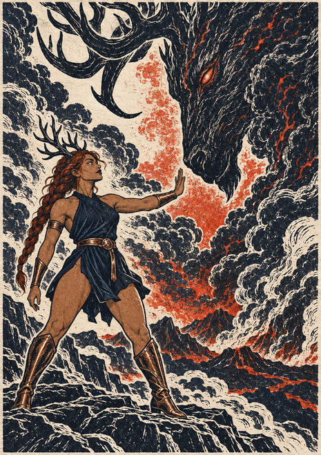 Antlered woman raising a hand toward a towering black smoke-and-flame creature with a glowing orange eye.