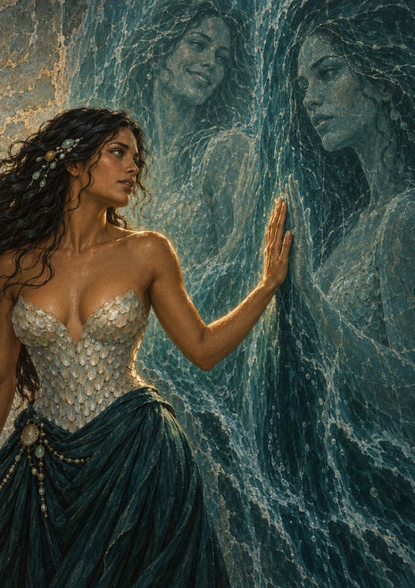 Dark-haired woman reaching toward two face-like forms in a translucent teal water surface.