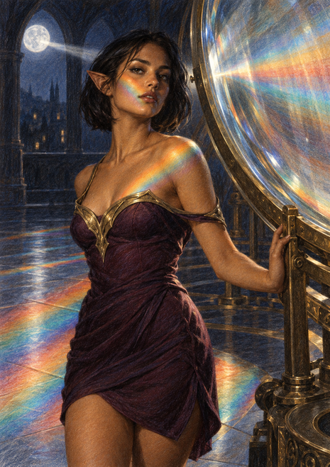 Pointed-eared woman in a plum dress beside a circular brass-framed apparatus casting rainbow bands through a moonlit room.