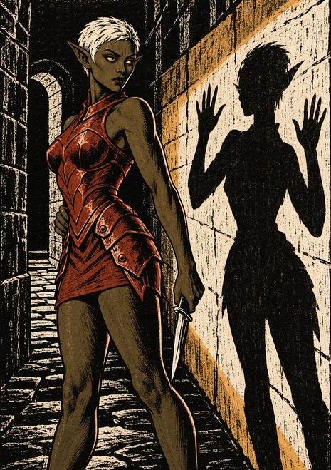 Short-haired pointed-eared woman in red armor with a lowered blade beside a raised-hands shadow on a pale alley wall.