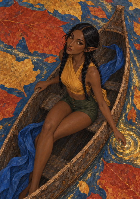 Pointed-ear woman in a wooden boat with trailing blue fabric, surrounded by oversized autumn-colored leaf-like forms on blue water.