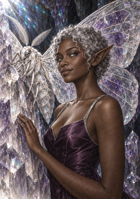 Curly-haired elf woman in a plum dress beside a large faceted crystal moth against a dark crystalline backdrop.