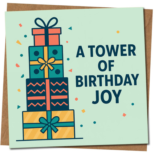 Birthday Card - A Tower of Birthday Joy - Colourful Presents Stack Design - 145mm x 145mm Square Greeting Card, Includes Kraft Envelope
