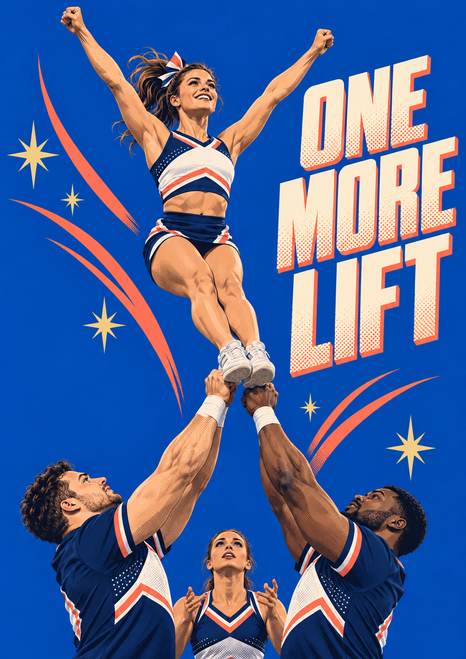 Cheerleader reaching upward in a supported basket toss above two bases, with a teammate, coral motion accents, and One More Lift lettering on a cobalt background.