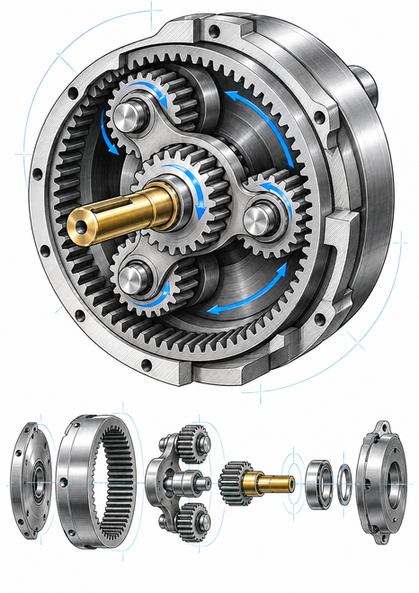 Cutaway planetary-style gear assembly with metallic gears, blue arrows, an amber shaft, and separated components below.