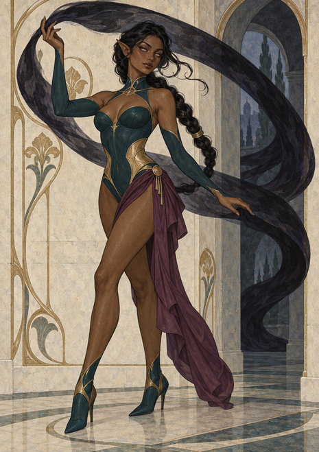 Full-length pointed-eared fantasy woman in a teal outfit lifting a looping dark ribbon in front of pale stone arches.
