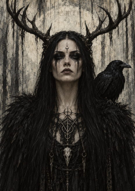 Adult dark-haired gothic witch with antler-like head adornments and a black raven on her shoulder against a distressed pale background.