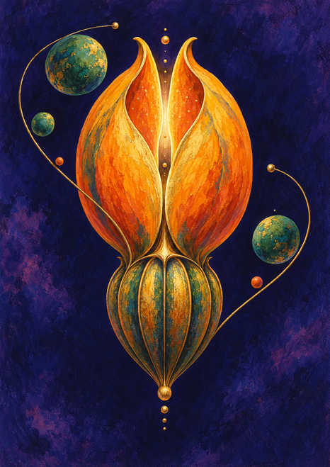 Large golden-orange opening seed-pod-like form with a bright central seam and ribbed base, surrounded by mottled green-blue spheres and curling lines on a dark violet background.