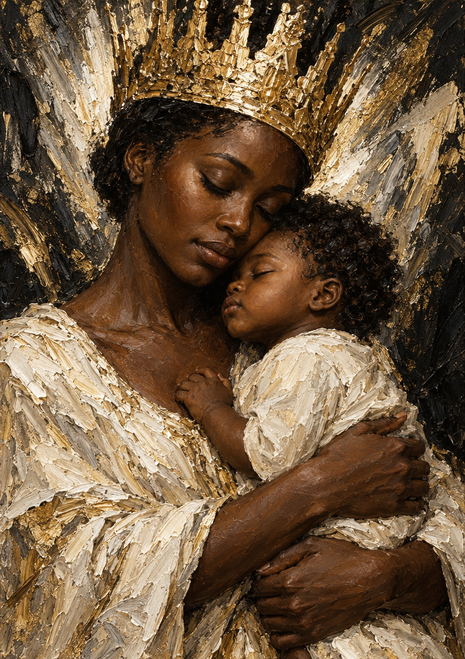 Crowned dark-skinned woman embracing an infant against a textured gold-and-ivory radiant backdrop in an Erzulie Black Madonna art print.