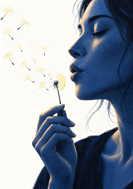 Blue-toned adult in profile holding a dandelion near their lips as loose seeds drift across a pale background.