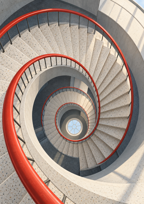 Overhead view of a pale stone spiral staircase winding around a small blue opening, traced by a vivid red-orange handrail.