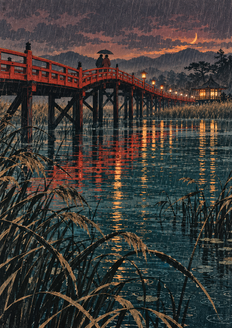 Two umbrella-sharing travelers cross a red-railed footbridge over a rainy dark marsh at dusk, with a lit pavilion, reeds, and crescent moon.