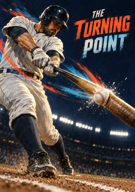 Uniformed baseball batter swings as the ball meets the bat beneath stadium lights; “THE TURNING POINT” appears in large lettering at upper right.