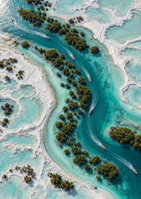 Overhead view of a winding turquoise tidal channel crossing pale salt flats among green mangrove islets, with small coral-colored boats.