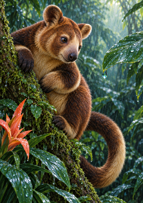 Brown, long-tailed tree-kangaroo-like animal against a mossy trunk amid wet rainforest foliage, with a droplet-bearing leaf and orange-red flower.