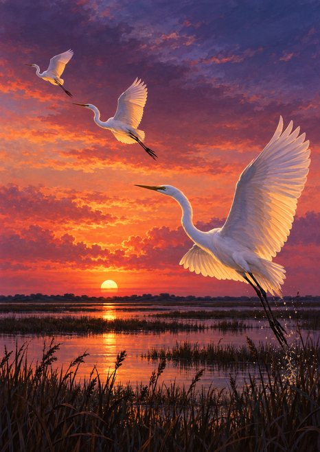 Three white egrets flying over a reed-framed marsh with reflective water beneath an orange and violet sunset.