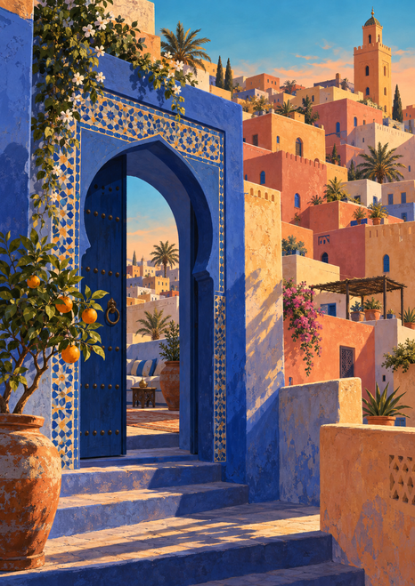 Patterned indigo arch and citrus tree in front of layered coral and saffron hillside buildings beneath a turquoise sky.