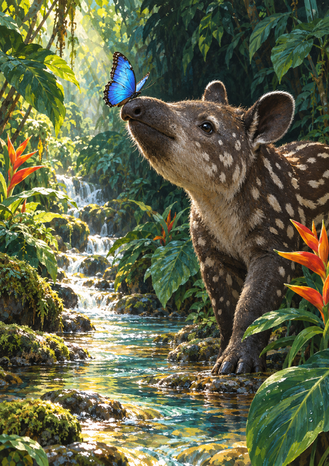 Spotted tapir beside a jungle stream, with a bright blue butterfly perched on its raised snout among green leaves and orange flowers.