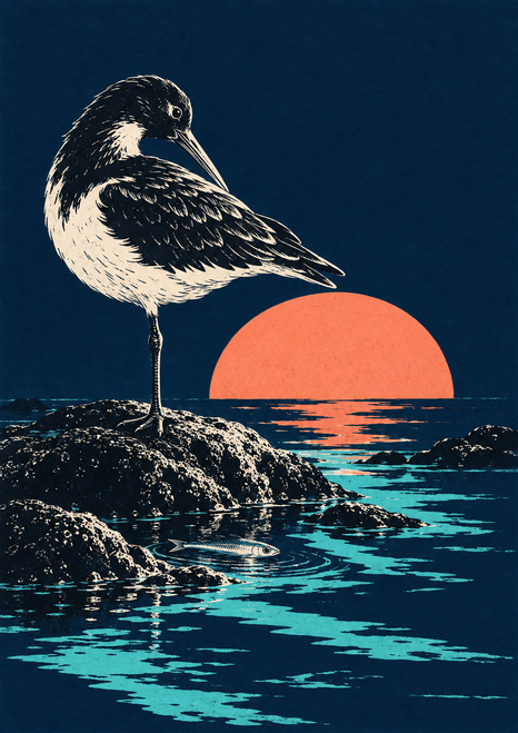 Black-and-white shorebird standing on one leg on a rocky shore above a small fish, with turquoise water and a coral disk against navy.