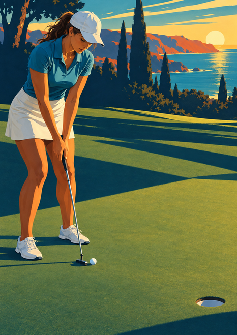 Woman golfer in a white cap and outfit addressing a ball with her putter on a green at coastal sunset.