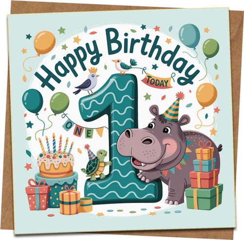 1st Birthday Card for Kids – Cute Hippo, Balloons and Cake Design, Happy Birthday One Today – Square 145mm x 145mm – Blank Inside with Kraft Envelope