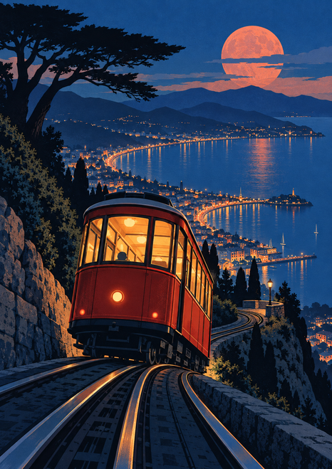 Red cable tram with glowing amber windows climbing hillside rails above a coastal bay beneath a coral moon.