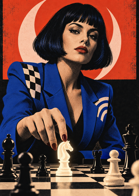 Woman with a dark bob and cobalt jacket leaning over a chessboard, reaching toward a glowing ivory knight beneath a pale crescent.