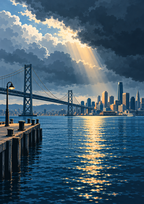 Painterly harbor scene with a lower-left pier leading toward a suspension bridge and distant skyline beneath storm clouds, with sunlight reflected on the water.