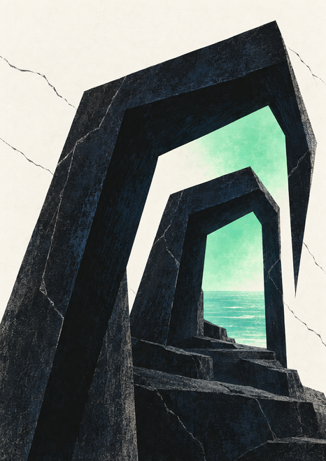Nested dark angular archways recede toward a sea-green opening with a turquoise sea and horizon.
