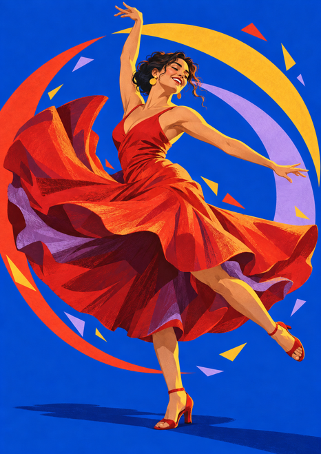 Smiling dancer in a red-orange flared dress turns with one arm raised against a cobalt blue background, surrounded by curved bands and confetti.