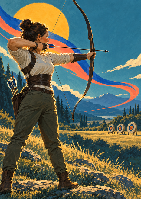 An adult woman archer viewed from behind at full draw, aiming toward three distant straw targets in a landscape with mountains, trees, and a large sun.