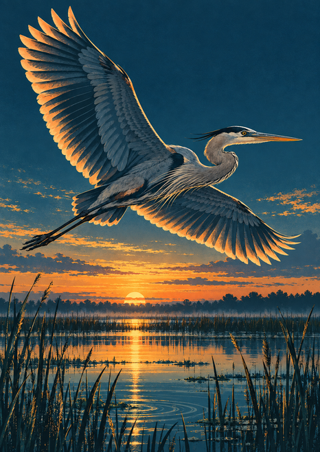 Blue-gray heron flying with wings spread over a marsh at sunset, above reeds and rippling water.