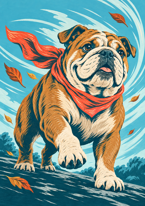Tawny bulldog with a coral bandana strides through turquoise gusts as autumn leaves blow around it.