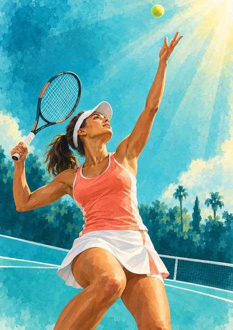 Adult woman tennis player in coral and white reaches toward a yellow ball with her racket drawn back on a turquoise court.