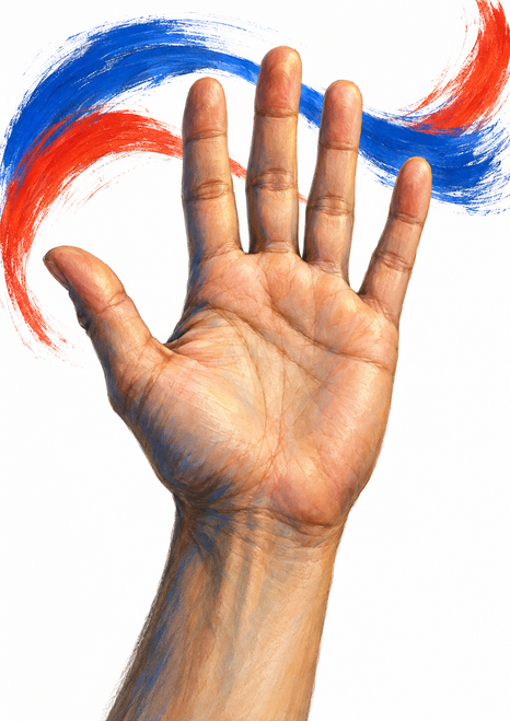 Realistic open hand making a welcoming wave, framed by cobalt-blue and vermilion strokes on white.