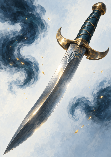 Decorative short sword with a teal wrapped grip, bronze crescent guard, patterned blade, curling blue-gray smoke, and gold sparks.