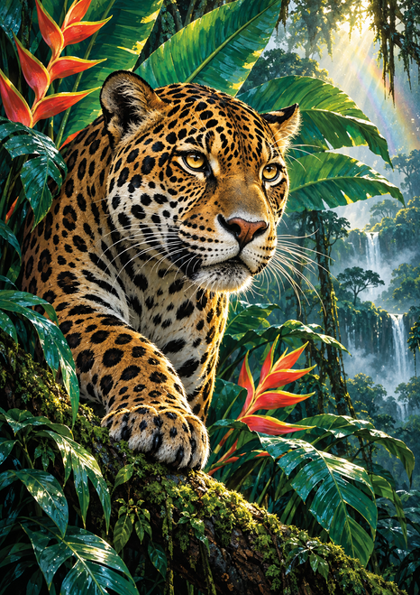 A spotted jaguar with amber eyes rests a forepaw on a mossy branch amid dense green tropical leaves and red-orange flowers.