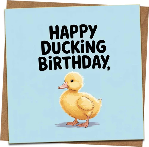 Funny Duck Pun Birthday Card – “Happy Ducking Birthday” – Cute Duckling Illustration, 145mm x 145mm Square Greeting Card with Kraft Envelope, For Him Her Friends Adults