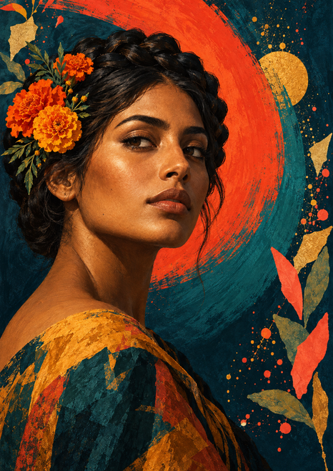 Portrait of a woman with braided crown and orange flowers at her temple, framed by a red and teal arc.